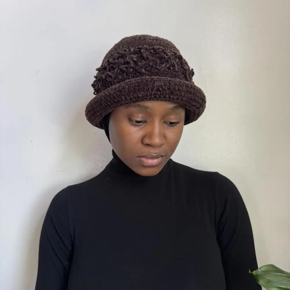 Vintage‎ Chocolate Brown Loopy Knit Cloche Chunky Teddy Bucket Hat